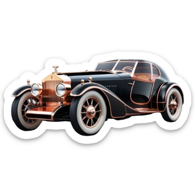 Dark black Bare bones streamlined sporty (stripped down) hot rodded engine rose gold sports car 1932 Rolls Royce Woody futuristic electric spaceship plasma neon glowing motors and lightening dynamos with wide racing wheels that are held strong by advanced suspension and steering sticker