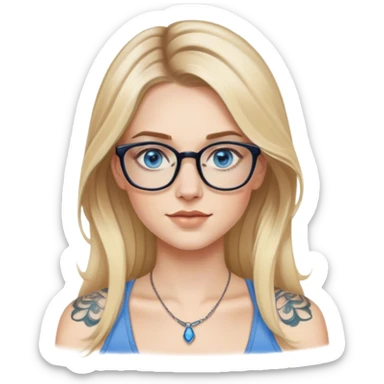 Hyper Realistic glamourous model, pale woman, long blonde balayage hair, blue eyes and glasses, shoulder tattoo  sticker