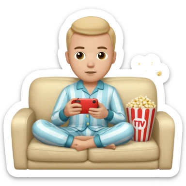 male memoji, in pajamas, sitting on couch, holding TV remote controller, relaxed face, casual home vibe, popcorn bucket on couch sticker