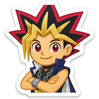 Create an emoji style version of Yugi from Yu-Gi-Oh based on the reference image. Features include spiky tricolor hair, large eyes, confident expression, Millennium Puzzle necklace, and crossed arms. The style should resemble apple style emojis with concise details. sticker