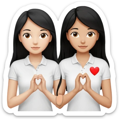Dos mujeres juntas que una sea de color trigueña y de color blanca, cabello largo negro sea la de piel blanca y la de piel trigueña cabello castaño raya en medio, tengan polo blanco y que hagan un corazon una con la mano izquierda y chica con la mano derecha sticker
