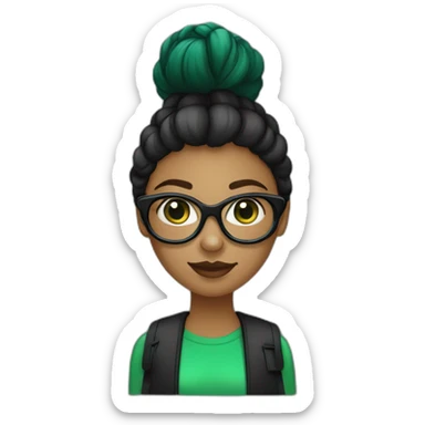 une fille avec de long cheveux noir lisse , des yeux vert , et avec des lunette (en forme de carrer un peu déformé) assez grosse comparer a ça tête , portant un pull noir sticker