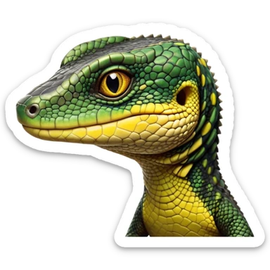 cinematic-realistic-cute-monitor-lizard-portrait-emoji,-head-tilted-playfully-and-inquisitively,-featuring-a-compact,-agile-body-with-finely-detailed,-glossy-scales-in-earthy-black and yellow-hues-and-a-distinct,-alert-face-with-bright,-curious-eyes, black , yellow spotted and green band  scales and a slender neck sticker