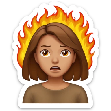 Woman with hair on fire looking stressed and panicked with brown shoulder length hair sticker