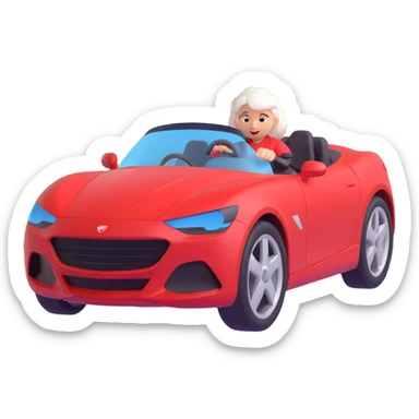 Make the entire image 30% more realistic, including the mother with white hair and the red sports car, keep fast and furious vibe, dynamic motion effects, sporty 3D emoji style, no background. sticker