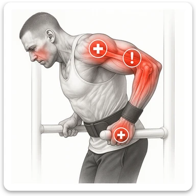 A hyper realistic anatomical illustration of a man doing a dip exercise with the shoulder, arm, and elbow joints highlighted in red. Overlay of medical symbols such as crosses or exclamation points on the stressed areas. Clinical atmosphere with a white background. sticker