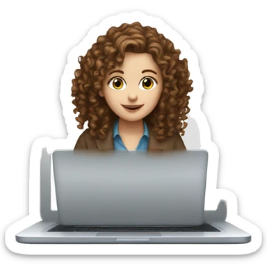 A white girl with brown, curly hair and blue eyes is working on a laptop sticker