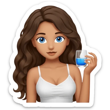 Girl with olive skin, blue eyes, brown dark insanely wavy long hair, white camisole, this pose 💁‍♀️ sticker