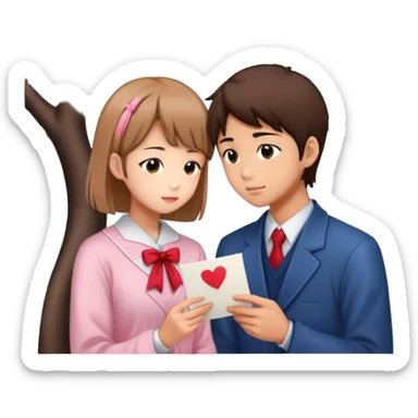 Japanese high school boy confessing love to a girl under cherry blossom tree with love letter sticker