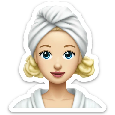 White girl with blonde hair and blue eyes and pink lips with a spa towel on her head and a robe on with cucumbers on her eyes sticker
