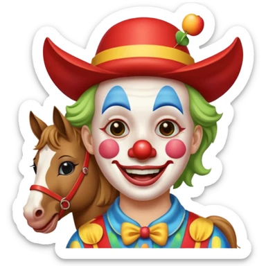 a crying but smiling and showing a peace sign clown face riding a horse, make it native to apple emoji style, the horse and the clown both emoji should match apple's style. sticker