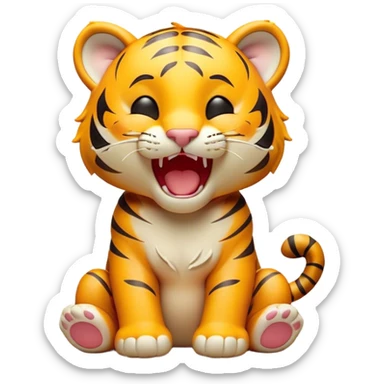 Cinematic Cute Yawning Tiger Cub Portrait Emoji, Head tilted slightly with a dramatic, wide-open yawn, showcasing a small, plush body with drowsy, half-closed eyes and an open, relaxed expression, Simplified yet irresistibly adorable features, highly detailed, glowing with a soft, cozy wild glow, high shine, relaxed yet expressive, stylized with a dash of whimsical jungle charm, soft glowing outline, capturing the essence of a drowsy yet affectionate tiger cub that appears ready to stretch out for a nap! sticker