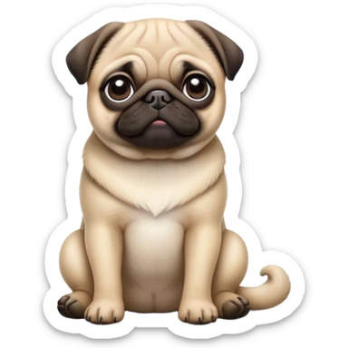 detailed-[cute pug]-realistic-full-body-sitting-emoji,-tail-resting-loosely-beside-its-paws,-head-tilted-dramatically, -sleek-fur,-simplified-yet-realistic-focused-features,-highly-detailed,-glowing-with-an-almost-sarcastic-glow sticker