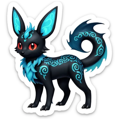Shiny Fiery Dark Glowing Eldritch Horror Cool Edgy Badass Emo Glorious Demonic Batty Punky Aural Iridescent Fluorescent Bioluminescent Umbreon-Amaura-Salandit-Litten-Flareon-Fakémon-fusion (full body) with intricate pattern markings sticker