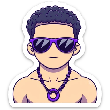 shirtless male athlete with white skin and moderately curly black hair on top with shaved sides, wearing purple sunglasses with very dark heavily tinted black lenses, and a simple plain black chain necklace with absolutely no pendant or decoration sticker
