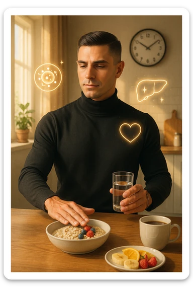 A realistic, cinematic illustration of a man in his early 30s with a fit, healthy appearance, standing in a bright kitchen in the morning. The kitchen table has a prepared but untouched healthy breakfast (oatmeal, fruit, coffee) on it, while the man, with a calm and focused expression, gently pushes the plate away with one hand while holding a glass of water in the other. A wall clock in the background shows 8:00 AM, indicating the morning fasting window, while sunlight streams in, illuminating the scene. Subtle glowing icons of a regenerating cell, a clean liver, and a heart float softly around him, symbolizing the health benefits of intermittent fasting. The atmosphere is clean, minimal, and motivating, showing that the man chooses intermittent fasting consciously for health, clarity, and energy rather than weight loss alone. The color palette is warm, with natural light and a slight film grain for depth sticker