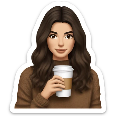 brunette Kendall Jenner with soft and long and brown hair her eyes brown and sipping coffee Her hair is wavy and shiny With brown sweater just one  sticker
