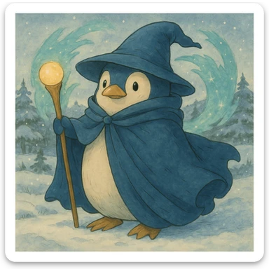 Add a snowy landscape background behind the ghibli style penguin wizard, keep all original colors and style sticker