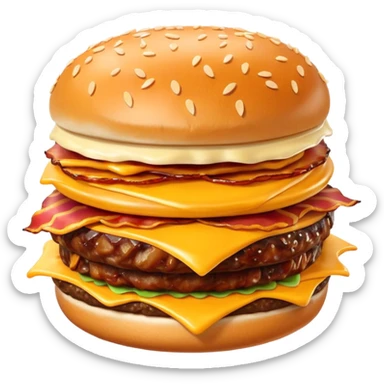 bacon burger object icon, crispy bacon strips, beef patty, melted cheese, sesame bun, 3D cartoon, mobile game icon style, clean background, no text, no watermark
 sticker