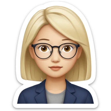 asian looking female with slight blonde hair a little longer  with eye glasses, fair complexion not that pointed nose but slighty little eye please make the hair longer shoulder length make the hair more longer sticker
