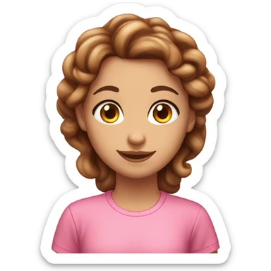 A girl with fair skin, a brunette with long curly hair and brown eyes. Eating sinabon in a pink T-shirt. sticker