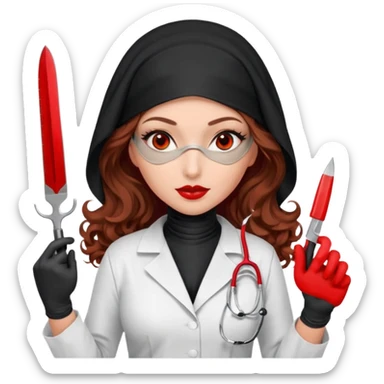 


Scary woman scalpel in hand, evil surgeon sexy surgeon clothes.  She has redcolored  eyes. Her  hair only is free ne brown long curly hair. Wears sexy doctor outfit with red gloves. make her wear full Muslim burka to mask and nose mouth mask  to hide. Wears white surgeon coat, wears  stilettos sticker
