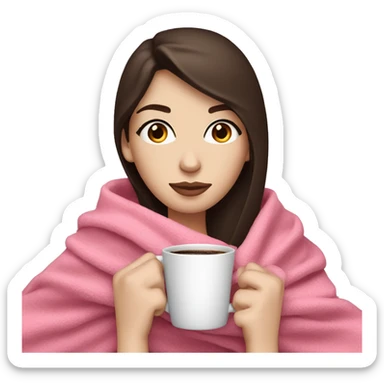 Woman with pale skin, blue eyes, and dark brown hair drinking coffee while wrapped in a pink blanket sticker