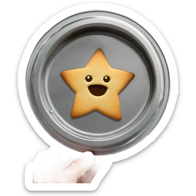 Circle dalgona cookie in metal tin with star shaped outline in the middle sticker