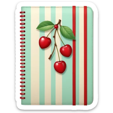 Cute vintage notebook cover, mint and cream vertical stripes, red spine
Hand-drawn cherries with leopard bow, playful feminine aesthetic
Flat illustration, clean composition, soft retro color palette sticker