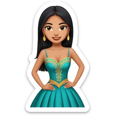 beautiful fit woman, with long straight black hair, with make up, black eye liner, smile mooth close, mexican, brown skin, wearing beautiful couture outfit, flirting sticker