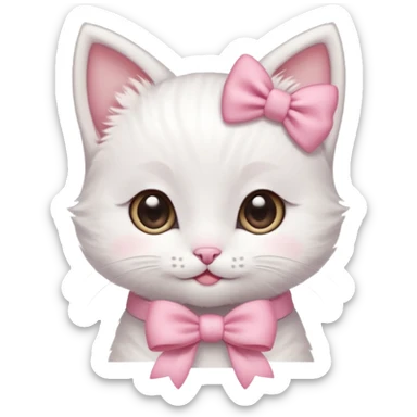 A tiny white kitten with innocent eyes, rosy pink cheeks, and an adorable smile, sporting a dainty pink bow on its head sticker