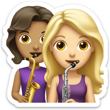 Brunette with a clarinet and a Blondie with a trumpet sticker