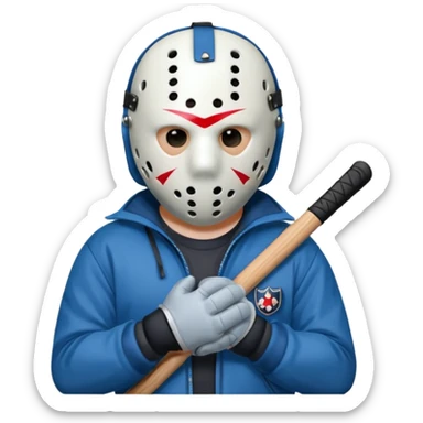a cartoon image of Jason Voorhees, looking cute, with his hands together in front of him sticker