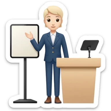Minimal startup-style emoji icon of a person presenting behind a podium, flat vector illustration, friendly proportions, simple lines, modern SaaS pitch deck style, white background sticker