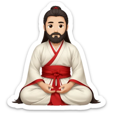 Beautiful man with lightly tan skin and dark long beard, long hair, in white and red Hanfu sitting on the ground sticker