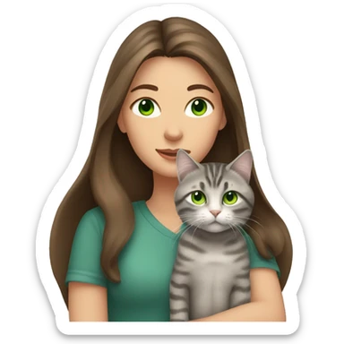 A woman with long brown hair and green eyes holds a gray tabby cat with green eyes in her arms sticker