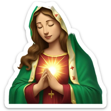 Virgin Mary: kind face looking down at the left, long brown hair, Wearing an emerald green  robe with gold stars and a burgundy red dress,  Hands in prayer or blessing. Halo around her head. standing in front of a big sun. colorful roses on the sides  sticker