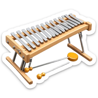 Create a vibrant and detailed emoji representing a professional wood xylophone. The design should feature the sleek wooden keys of the xylophone, arranged neatly on the frame, with metal bars clearly visible. Add the mallets placed beside the instrument or in motion, highlighting their soft rubber heads. Use warm, natural wood tones for the keys, with subtle metallic accents to reflect the professional quality of the instrument. Add small musical notes or soundwaves around the xylophone to evoke its bright, percussive sound. The background should be transparent. sticker