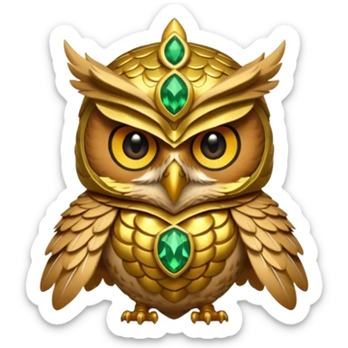 owl warrior wearing golden armor embedded with emerald jewels sticker