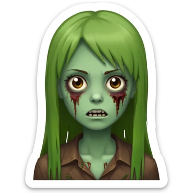 Zumbi feminino, de pele verde, cabelo marrom, longo, liso e castanho com franja reta sticker