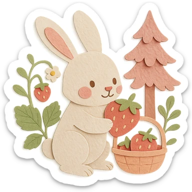 highly detailed, high quality paper craft style illustration of a bunny picking strawberries in the woods, sweet pastel red colors, intricate textures, soft lighting, delicate cut-paper details sticker
