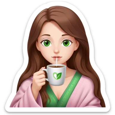 A pretty white girl with very long brown hair and green eyes in a light pink blanket sipping coffee sticker