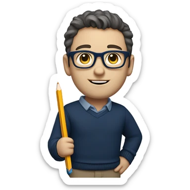 caucasian white boy with dark wavy  hair, blue glasses, and carrying design plan because he is an architect carrying a pencil and a set model maquette. wearing a navy blue long sleeve sweater shirt. smart.  sticker