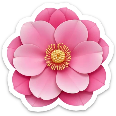 camellia flower, flat design, 5 layered pink petals with soft gradient, golden stamen in center, minimal outline, clean circular shape, pastel colors sticker