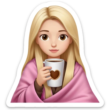 Long blonde straight balayage hair girl drinking coffee, almond dark brown eyes, pink blanket sticker
