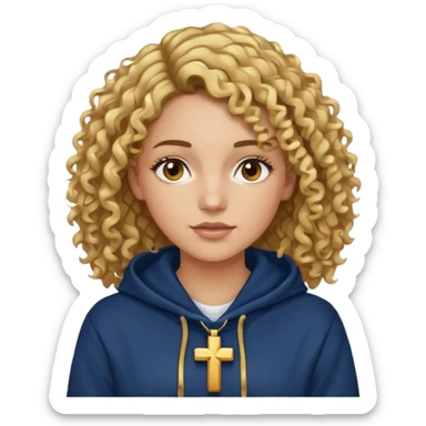 woman with curly brown hair and blonde highlights, brown eyes, and a gold cross necklace over a navy hoodie. sticker