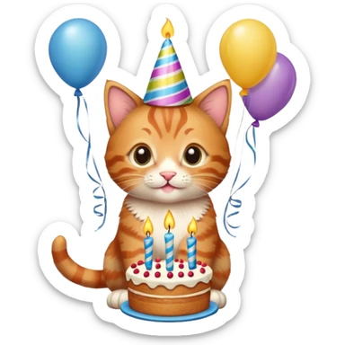Ginger tabby kitten celebrates birthday, birthday hat, birthday cake, one candle, balloons, happy, gifts sticker