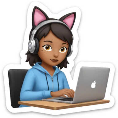 black girl who works remotely through a laptop with cat ear headphones sticker