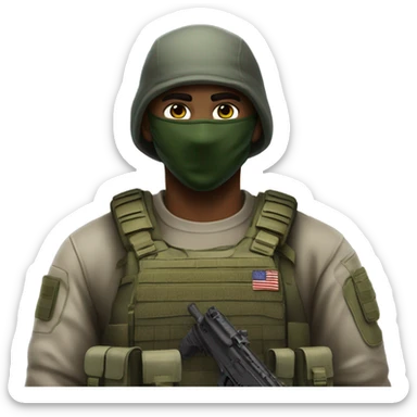 white male, tall, call of duty Logan mask, green camo tactical gear, combat boots, beanie, hazel eyes sticker
