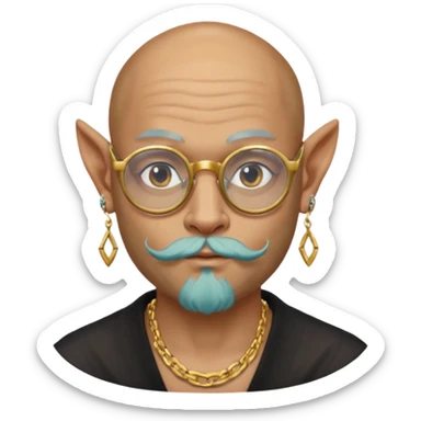 bald man with long goat beard and parti glasses and big gold ring earring and face tattoed sticker